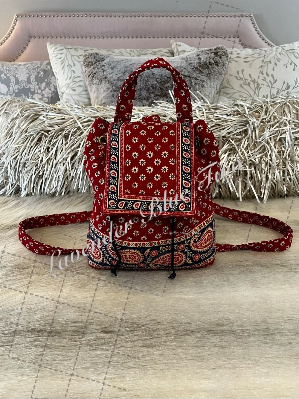 Vintage VERA BRADLEY Americana 2003 Mimi Flap Backpack USA Red Blue Paisley Y2K